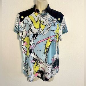 Jamie Sadock Top Womens L  Polo Blue Neon Yellow Golf Abstract Artsy Active
